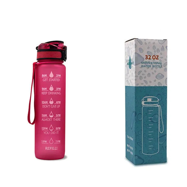 Blue and red gradient 1-litre Tritan sports water bottle with time markers, flip-top lid, and wrist strap.