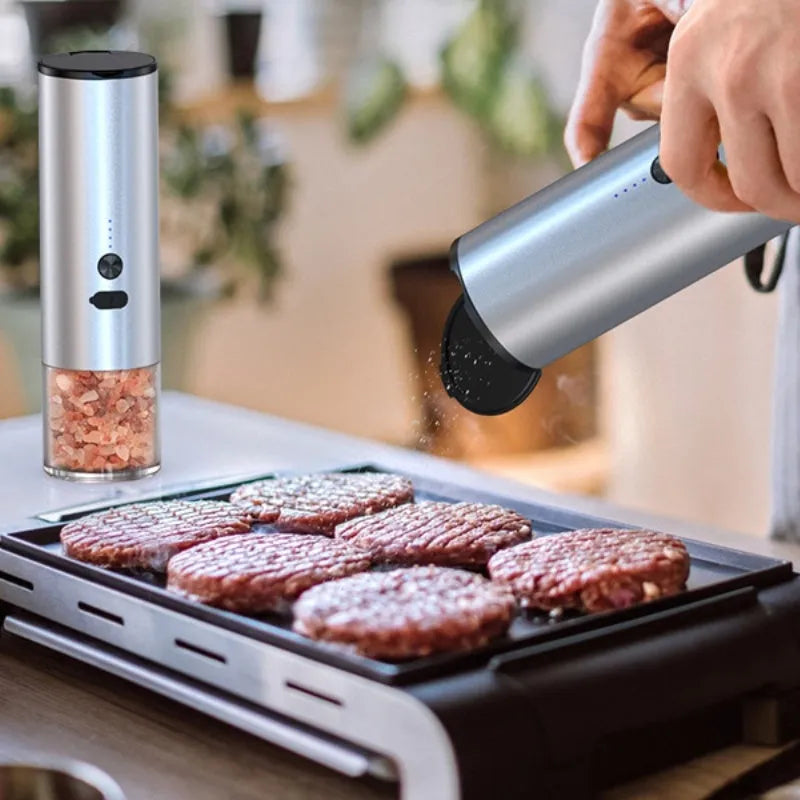 USB rechargeable electric pepper grinder with clear glass jar and LED light