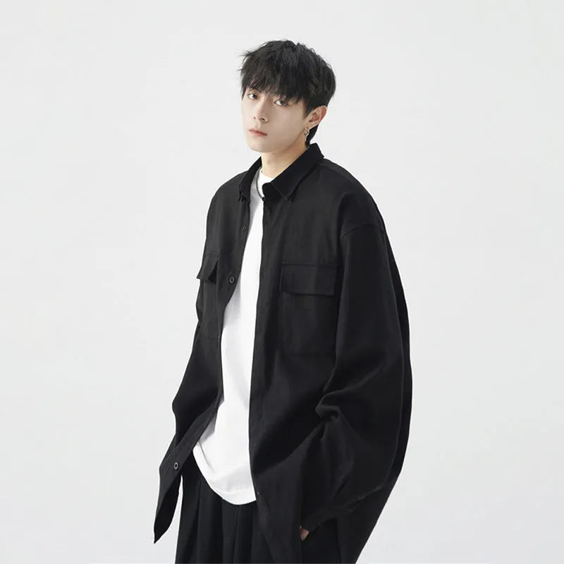 Men's loose casual work shirt jacket in black, long sleeve, regular thickness, synthetic fibre blend