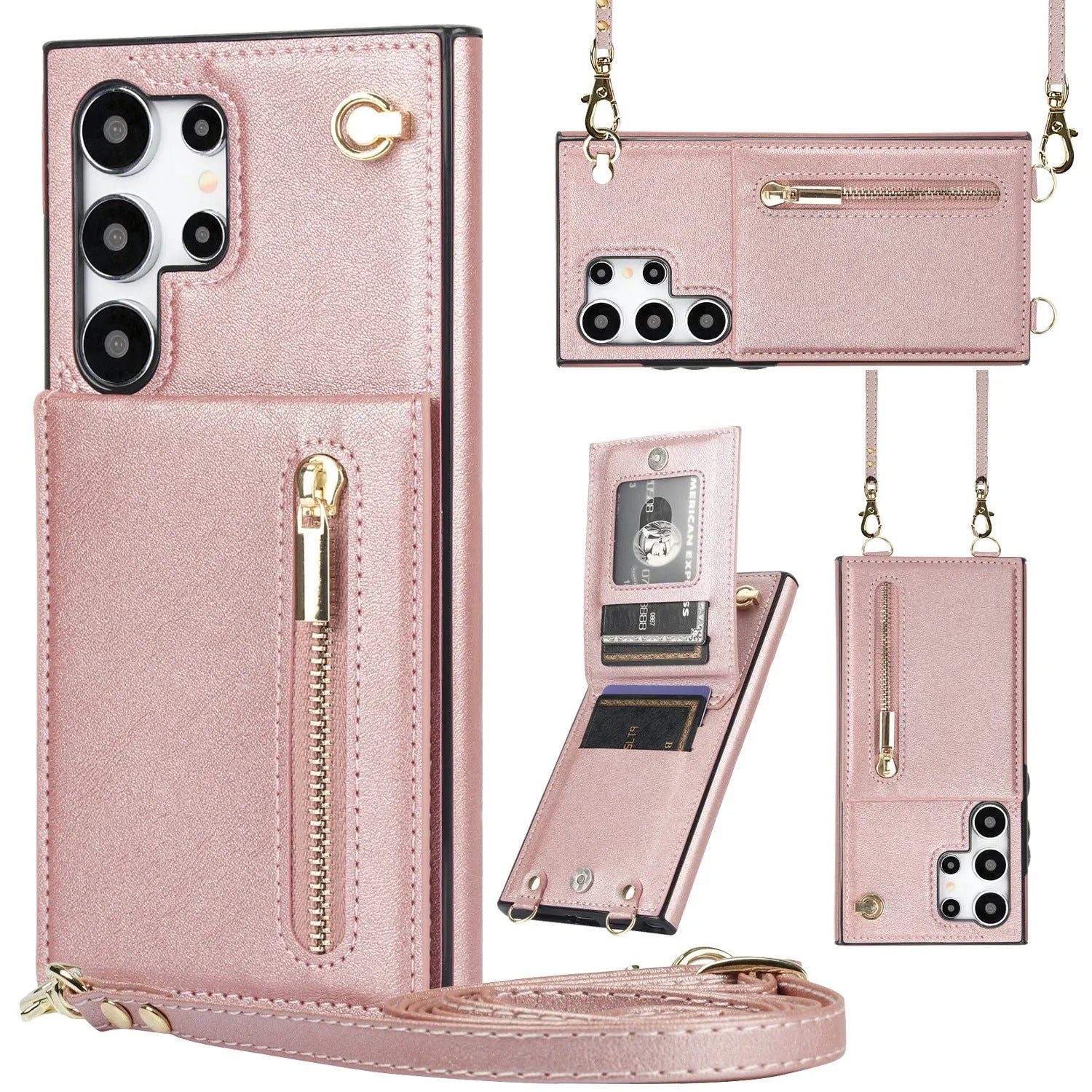 Samsung phone case with card slots and crossbody zipper bracket in Japanese Korean style