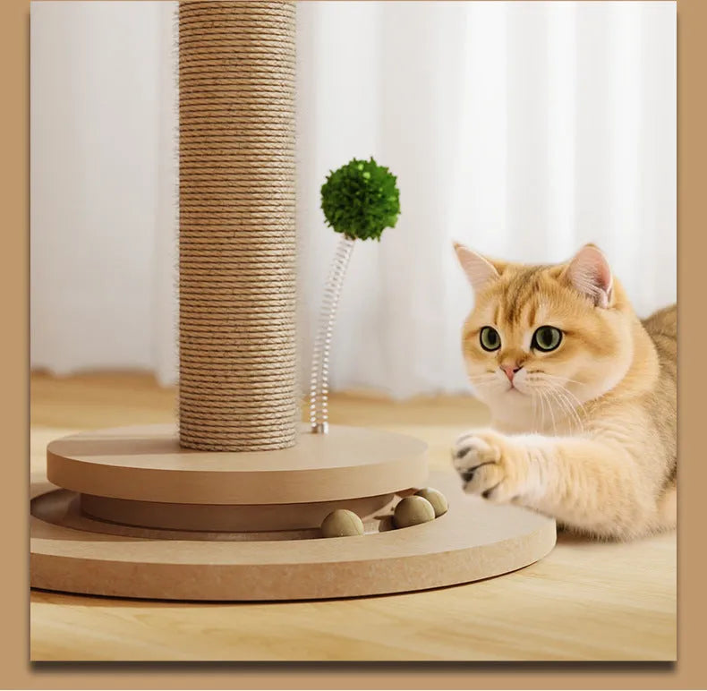 Vertical cat climbing frame with beige hemp rope scratching posts and a wooden platform in a room corner