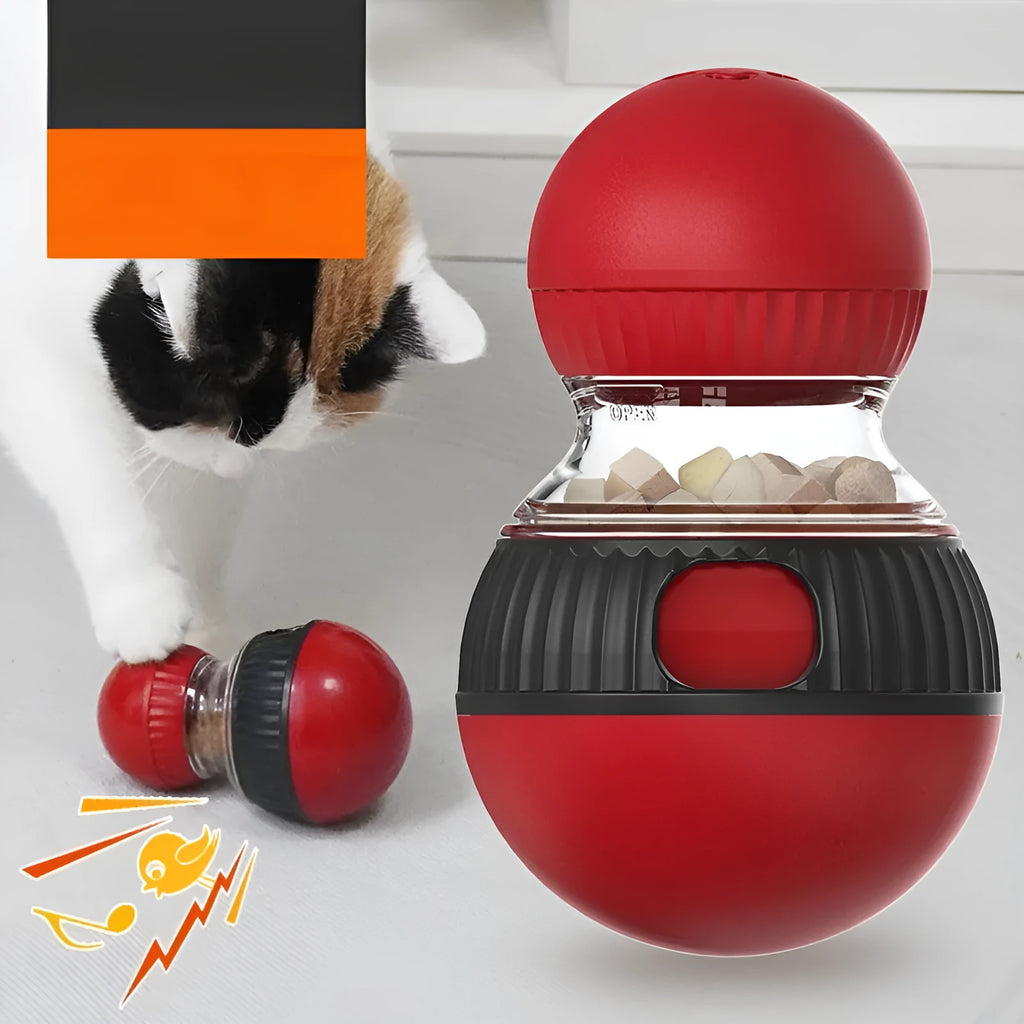 Super ball coloured plastic rotating cat toy with sound feature for food dispensing.