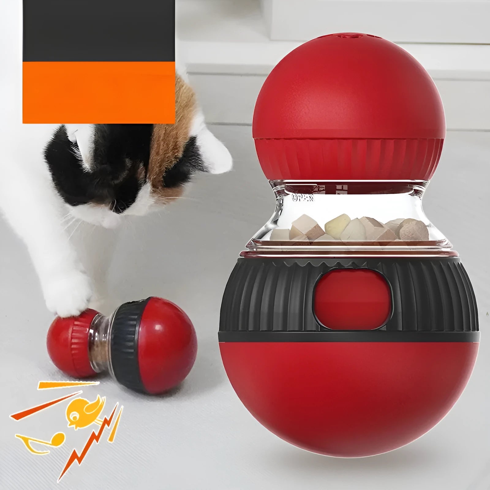 Super ball coloured plastic rotating cat toy with sound feature for food dispensing.