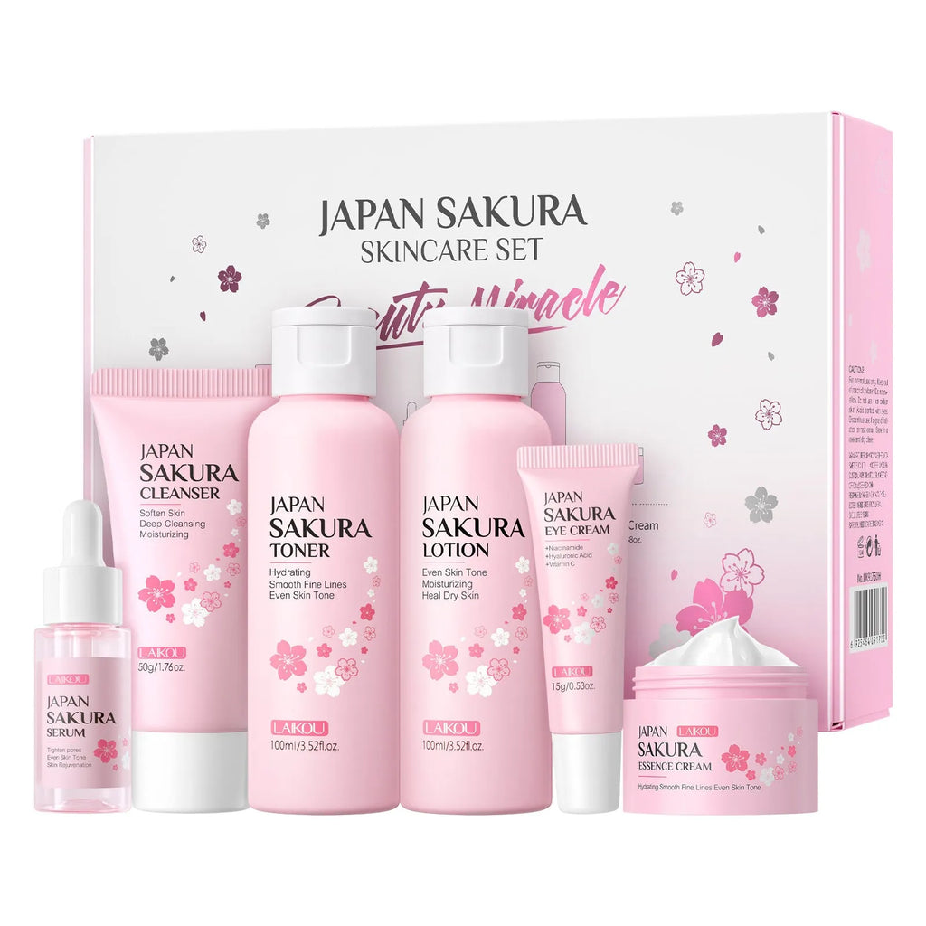 Cherry blossom skincare 6-piece set including cleansing foam, toner, emulsion, eye cream, essence cream and cream