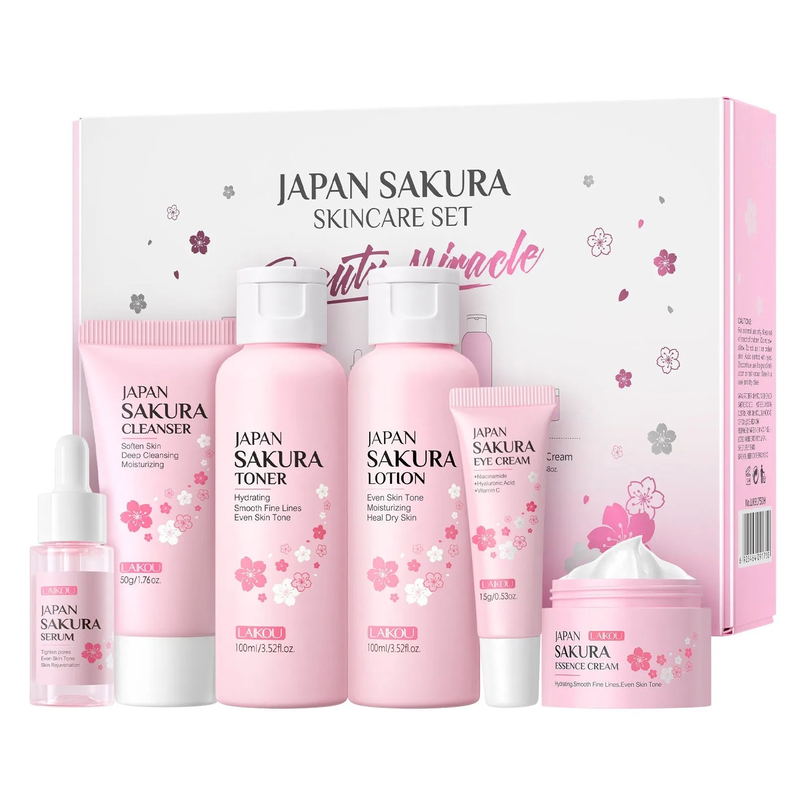 Cherry blossom skincare 6-piece set including cleansing foam, toner, emulsion, eye cream, essence cream and cream
