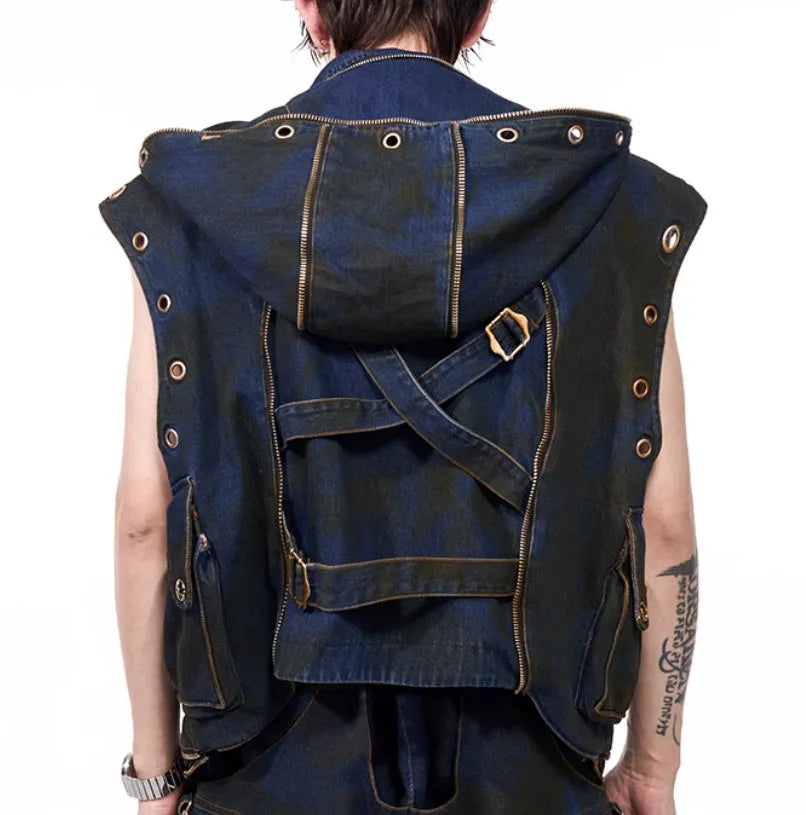 Blue hooded denim vest coat and matching trousers set in heavy industry style