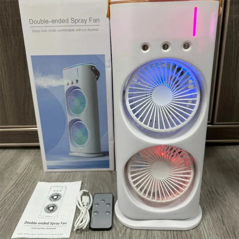 White portable double-ended spray fan air cooler with humidifying mist function and remote control