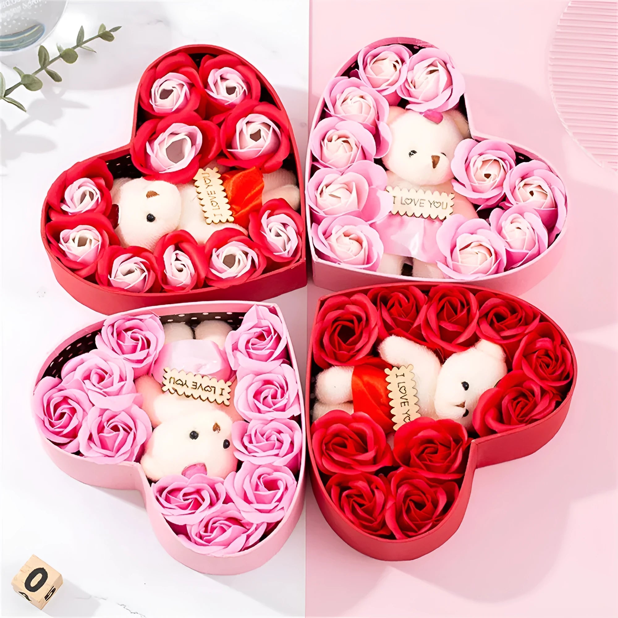 Red heart-shaped gift box containing natural soap roses for Valentine's Day or Mother's Day gifts