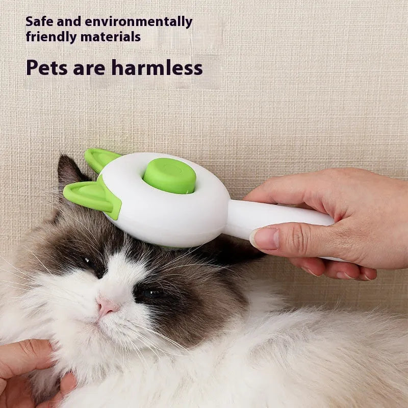 Self-cleaning cat grooming brush with stainless steel bristles in greenish white and orange white colour options