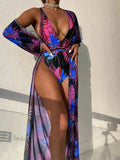 Women's three piece swimsuit set with bikini one-piece and matching coat in polyester fabric