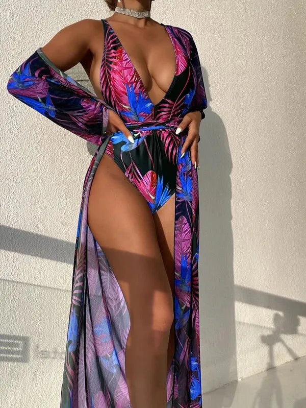 Women's three piece swimsuit set with bikini one-piece and matching coat in polyester fabric