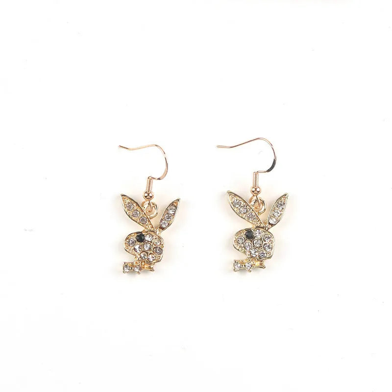 Small silver rabbit stud earrings with sparkling cubic zirconia stones and butterfly back on a white background.