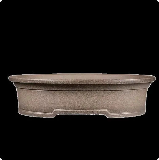 Handmade antique oval bonsai flower pot in purple sand ceramic, 25cm long by 21cm wide.