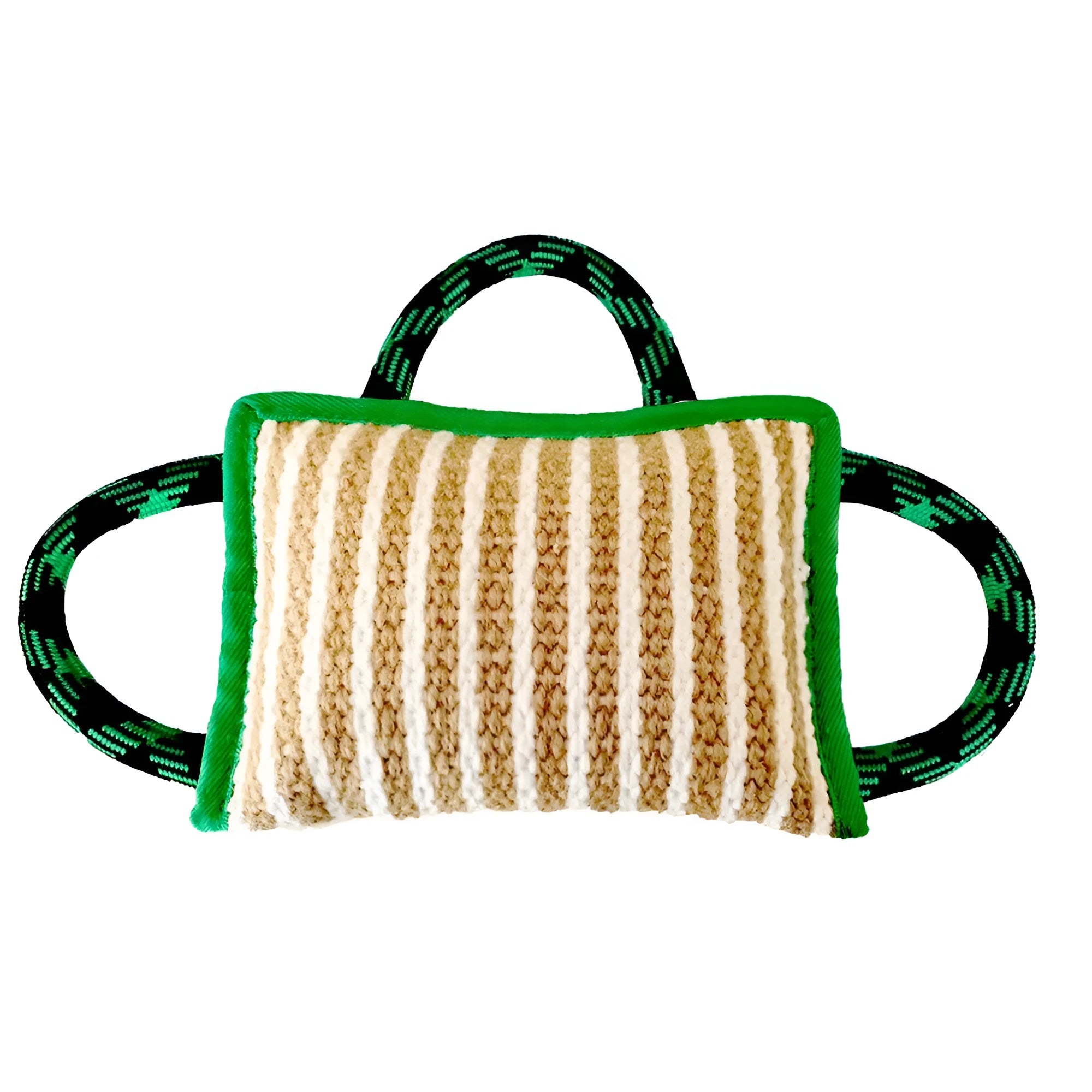 Dog rope tug toy with jute bite pillow and three handles in multiple colour options