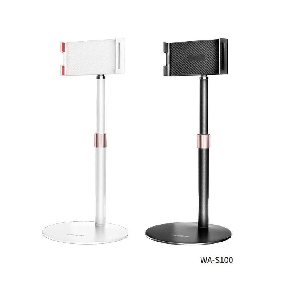 Black adjustable metal tablet bracket with telescopic arm extended, holding an 11 inch tablet.