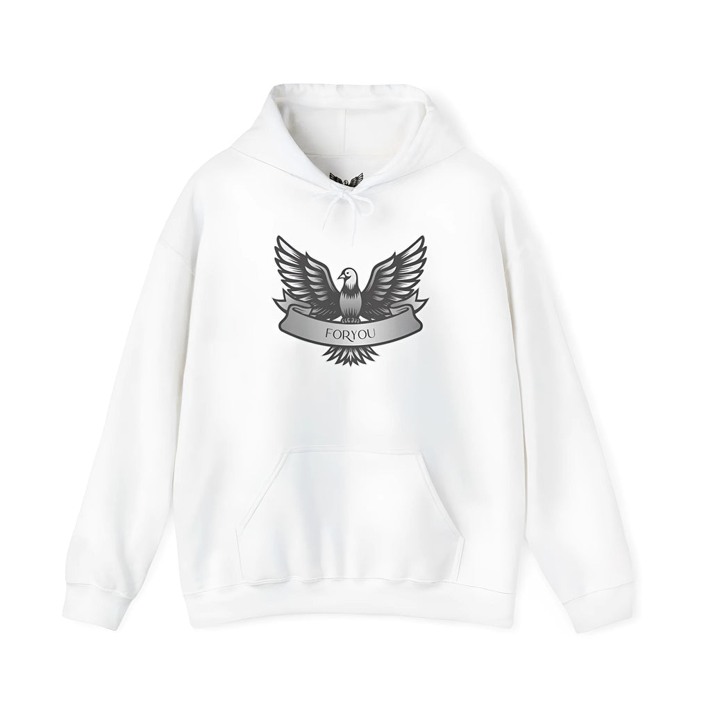 A solid colour pullover hoodie for men and women on a hanger, showing long sleeves and a hood.