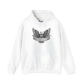 A solid colour pullover hoodie for men and women on a hanger, showing long sleeves and a hood.