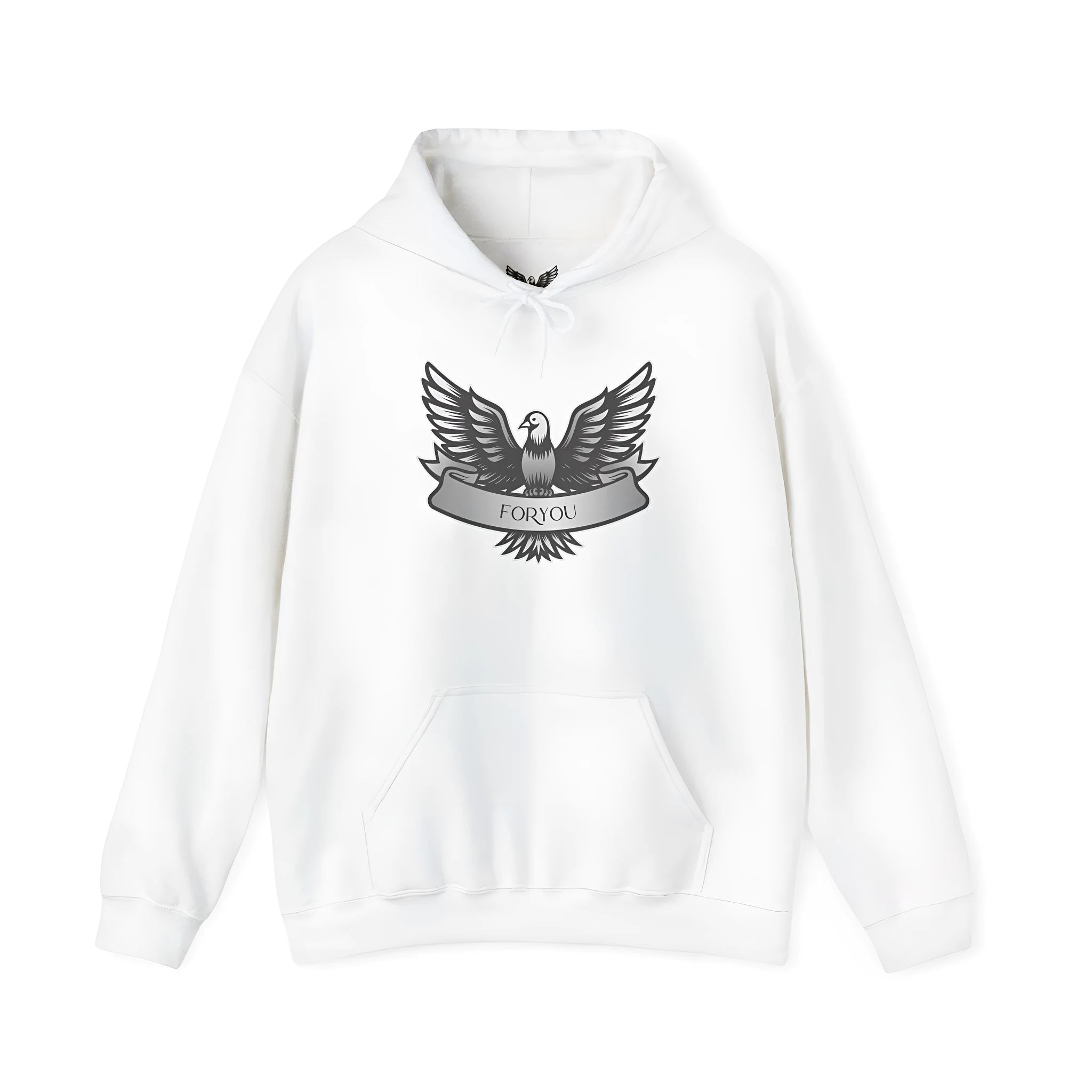 A solid colour pullover hoodie for men and women on a hanger, showing long sleeves and a hood.