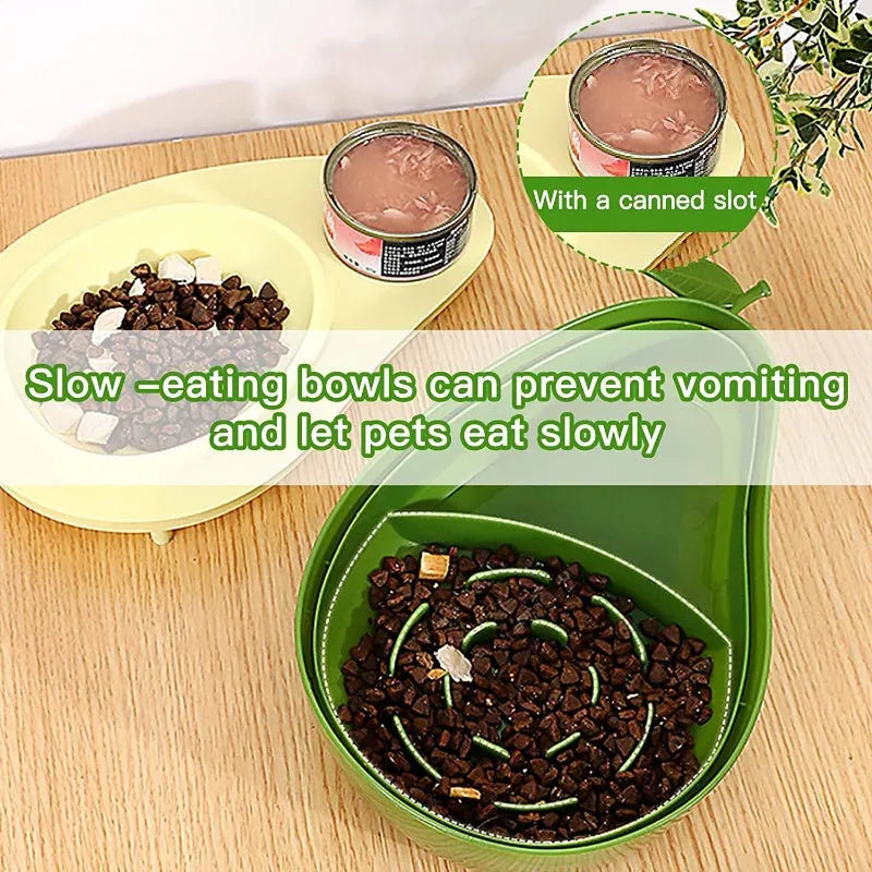 Avocado-shaped automatic cat water dispenser and slow feeder bowl with separate food sections