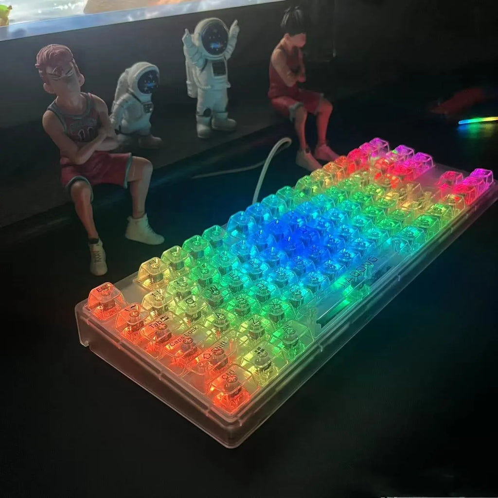 Transparent plastic 132-key mechanical keyboard key cap set displayed on white background