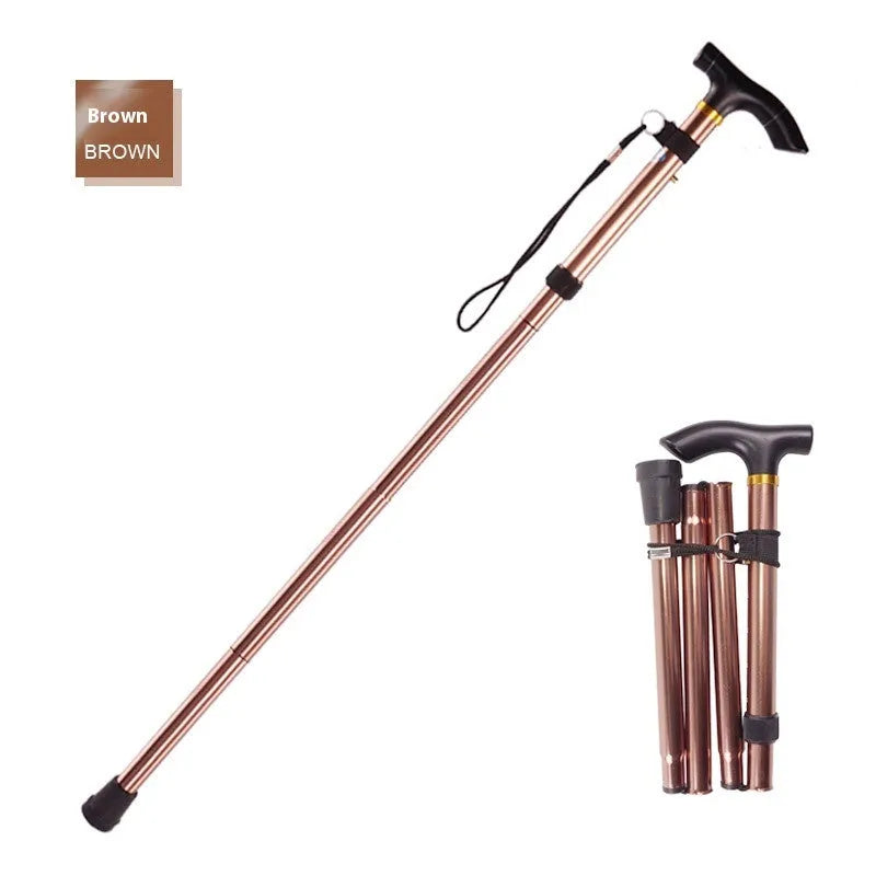 Aluminium alloy folding walking cane extended, showing adjustable sections and non-slip rubber foot.