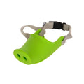 Blue silicone dog anti-bite mouth cover shown on long-mouthed breed with size dimensions displayed