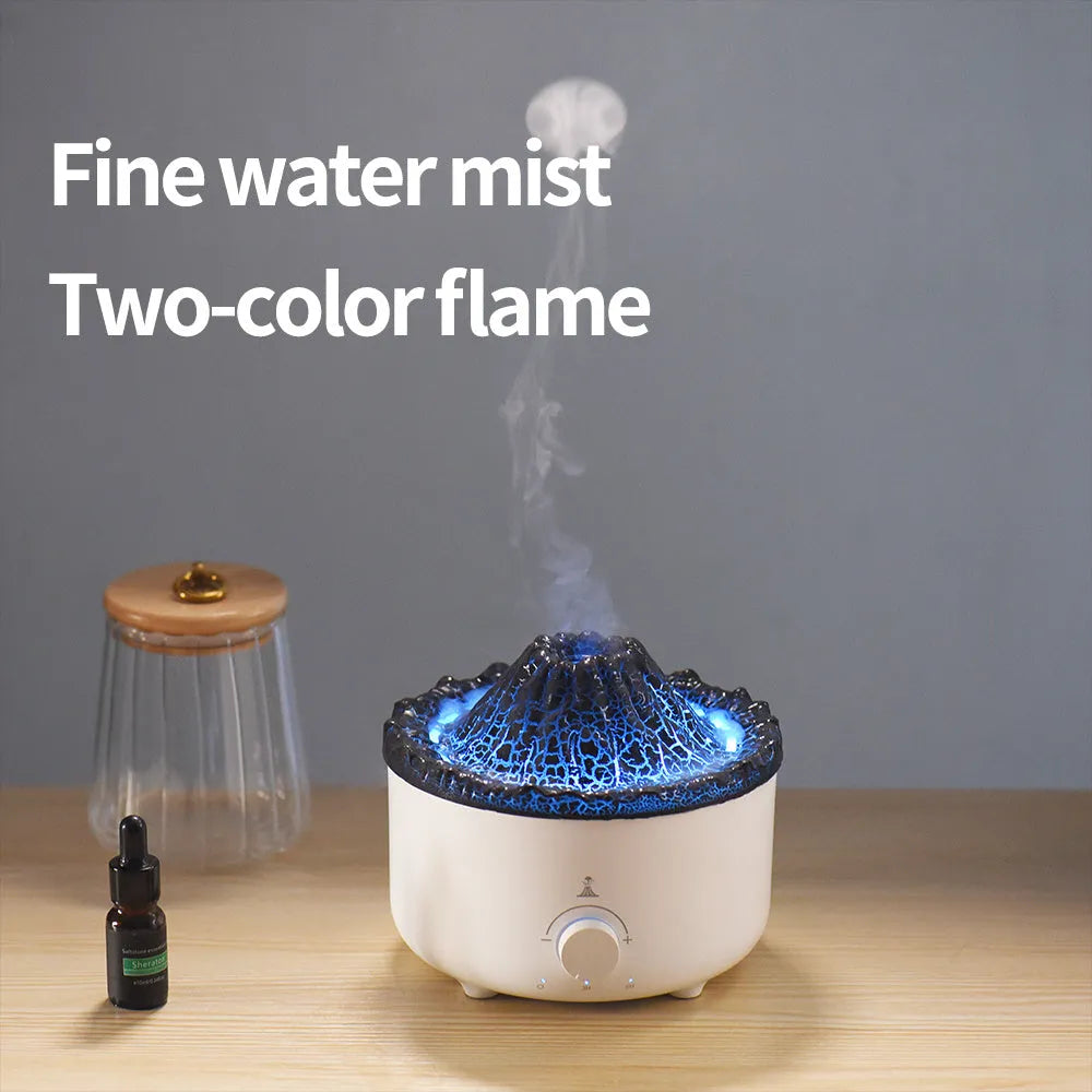 White columnar volcanic humidifier with simulated flame lighting and remote control