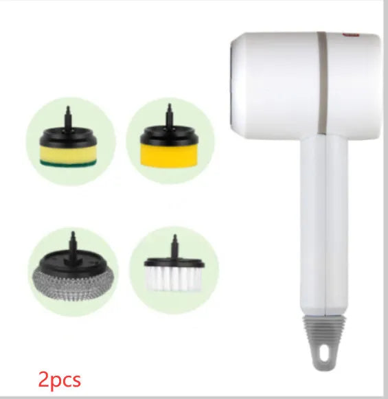 Green electric cleaning brush with three interchangeable scouring pad, brush, and sponge heads on a white background.