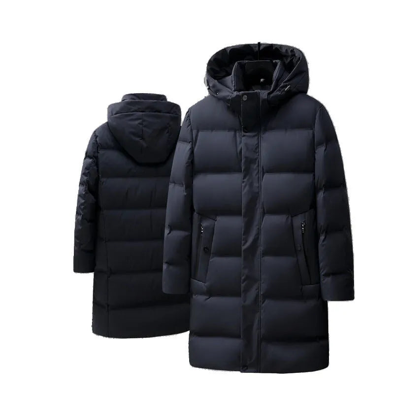 Men's mid-length solid colour polyester fibre down jacket coat for casual winter wear, available in black