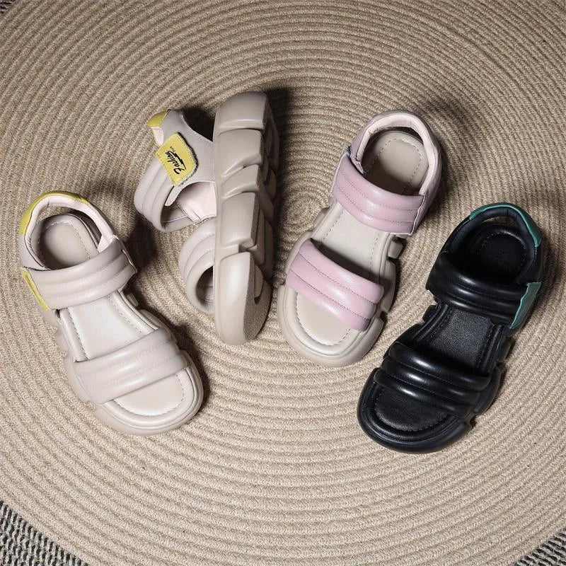 Open toe round head platform wedge sandals with velcro strap, microfiber upper, non-slip rubber sole, available in beige