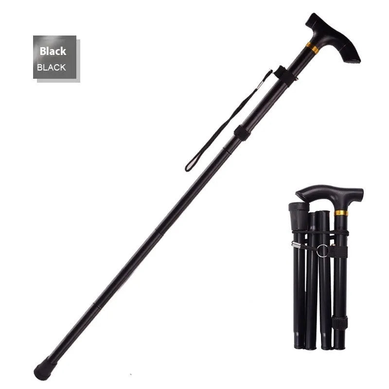 Aluminium alloy folding walking cane extended, showing adjustable sections and non-slip rubber foot.