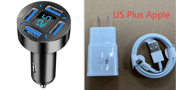Four-port USB car charger with digital LED display for use in vehicles