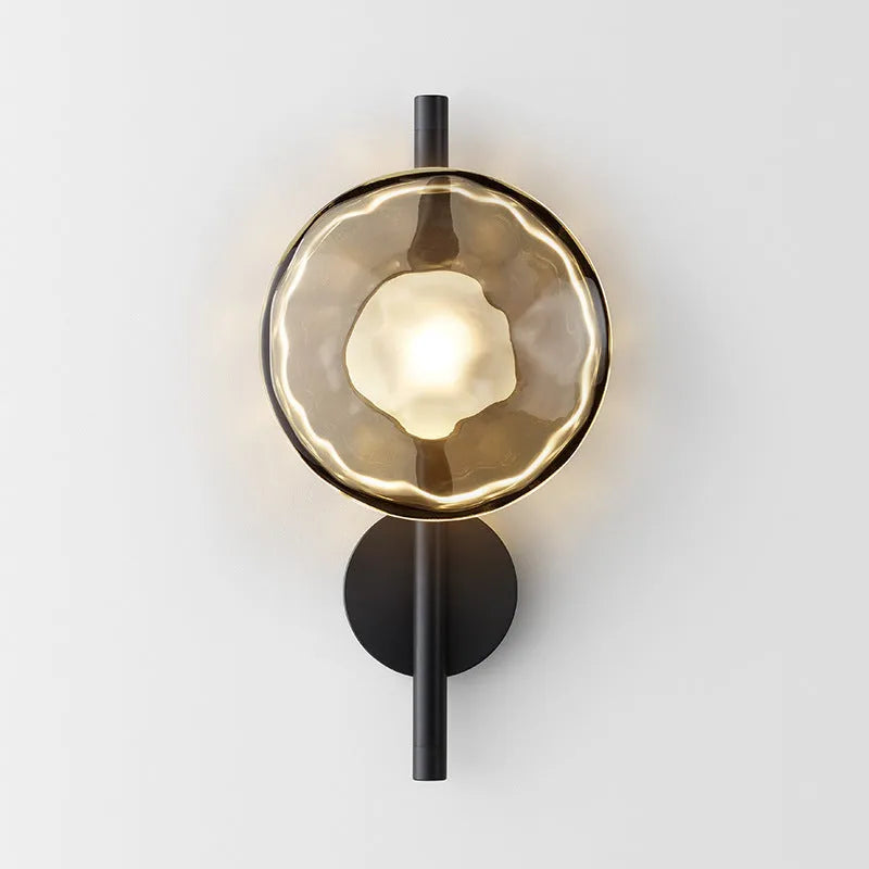 Glass art wall lamp with iron construction in transparent, smoke grey, and frosted shade options