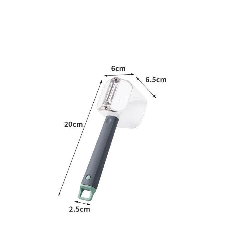 Creative green stainless steel and plastic vegetable peeler on a kitchen surface.