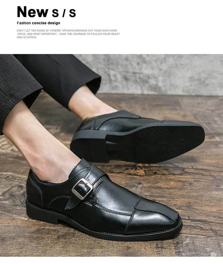 Men's brown blue and black retro buckle casual leather shoes with tall crown design