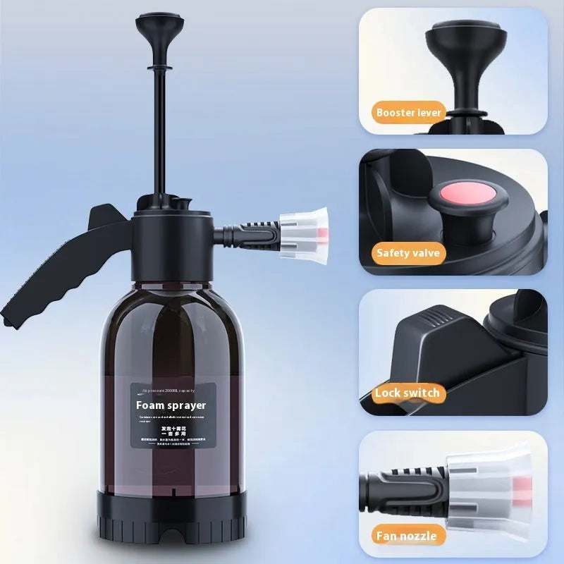 Black hand-held 2-litre foam sprayer with pump handle and two nozzles for car washing and gardening