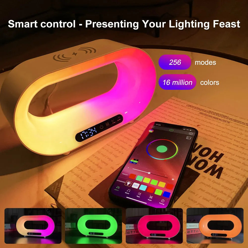 White smart desk lamp with wireless charging pad, LED lighting and alarm clock display