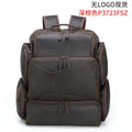 Dark brown genuine crazy horse leather backpack for men showing open pockets and organised internal compartments for a 17-inch laptop.