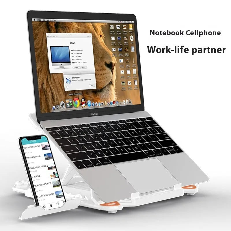 Black ABS plastic laptop bracket elevating laptop above desk surface