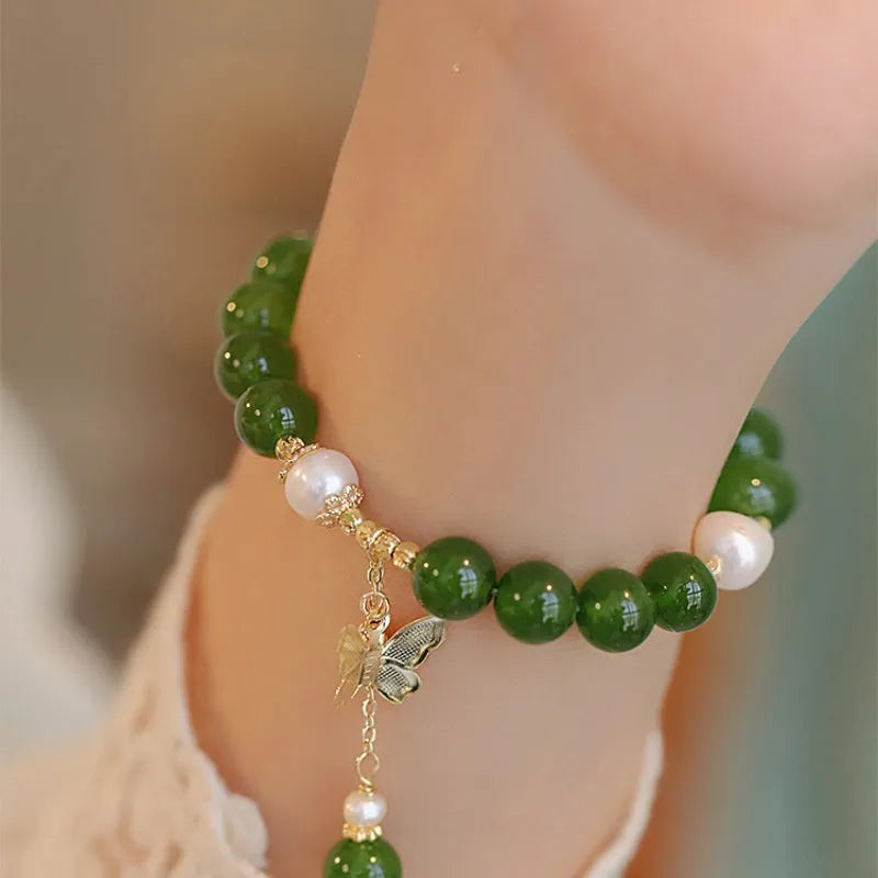 Natural green chalcedony bracelet with geometric design and round elements for women