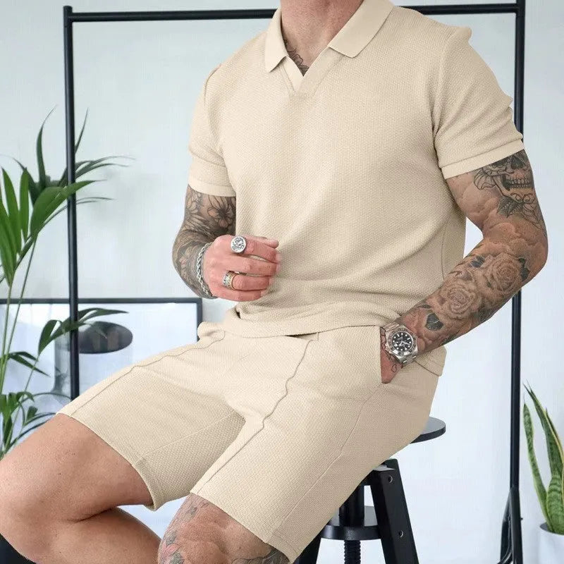 Men's two-piece lapel polo suit in polyester, available in khaki, royal blue, black, white and light grey, sizes M to 3XL.