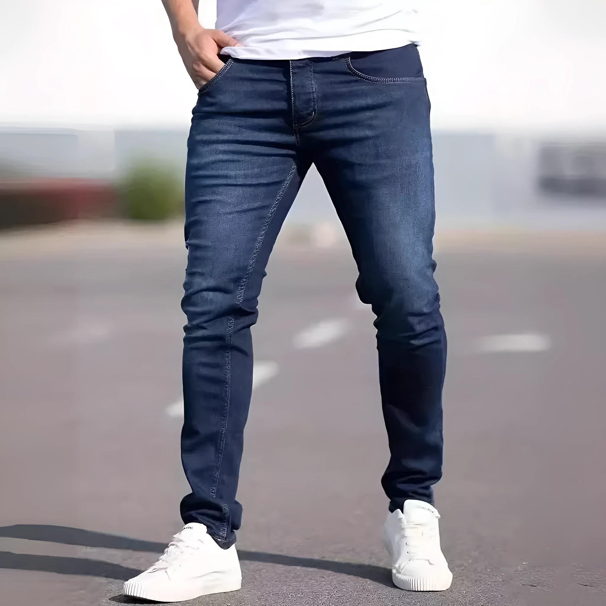 Men's dark blue skinny fit cotton jeans with a mid-rise waist and zipper fly on a plain background.