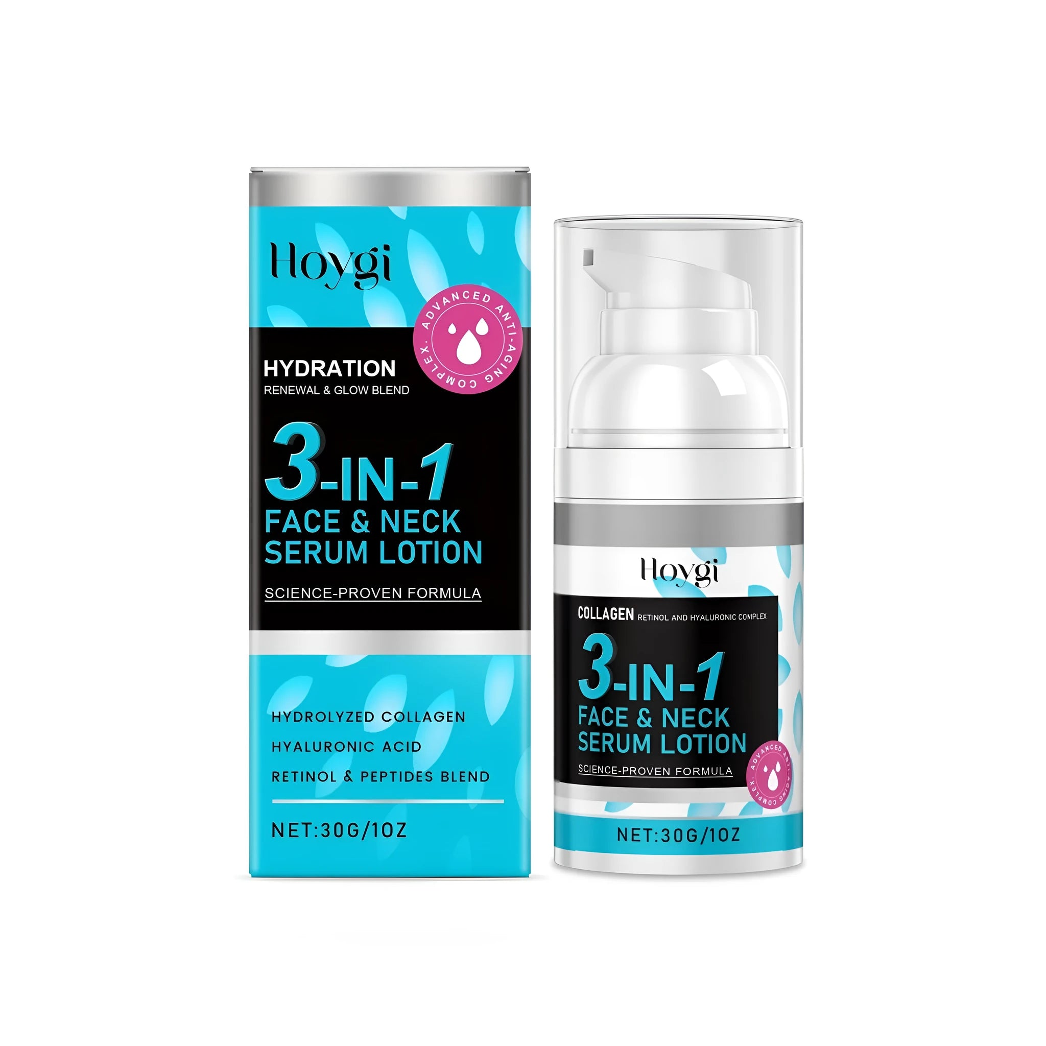 30g pump bottle of 3-in-1 Face Neck Serum Lotion with collagen and retinol.