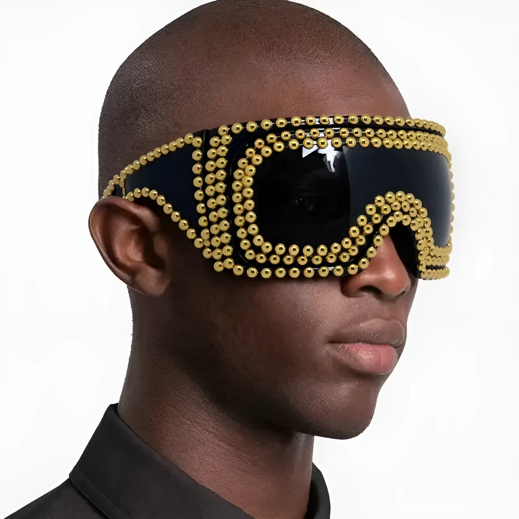 Men's silver square sunglasses with large 140mm rim and rivet details on black background.