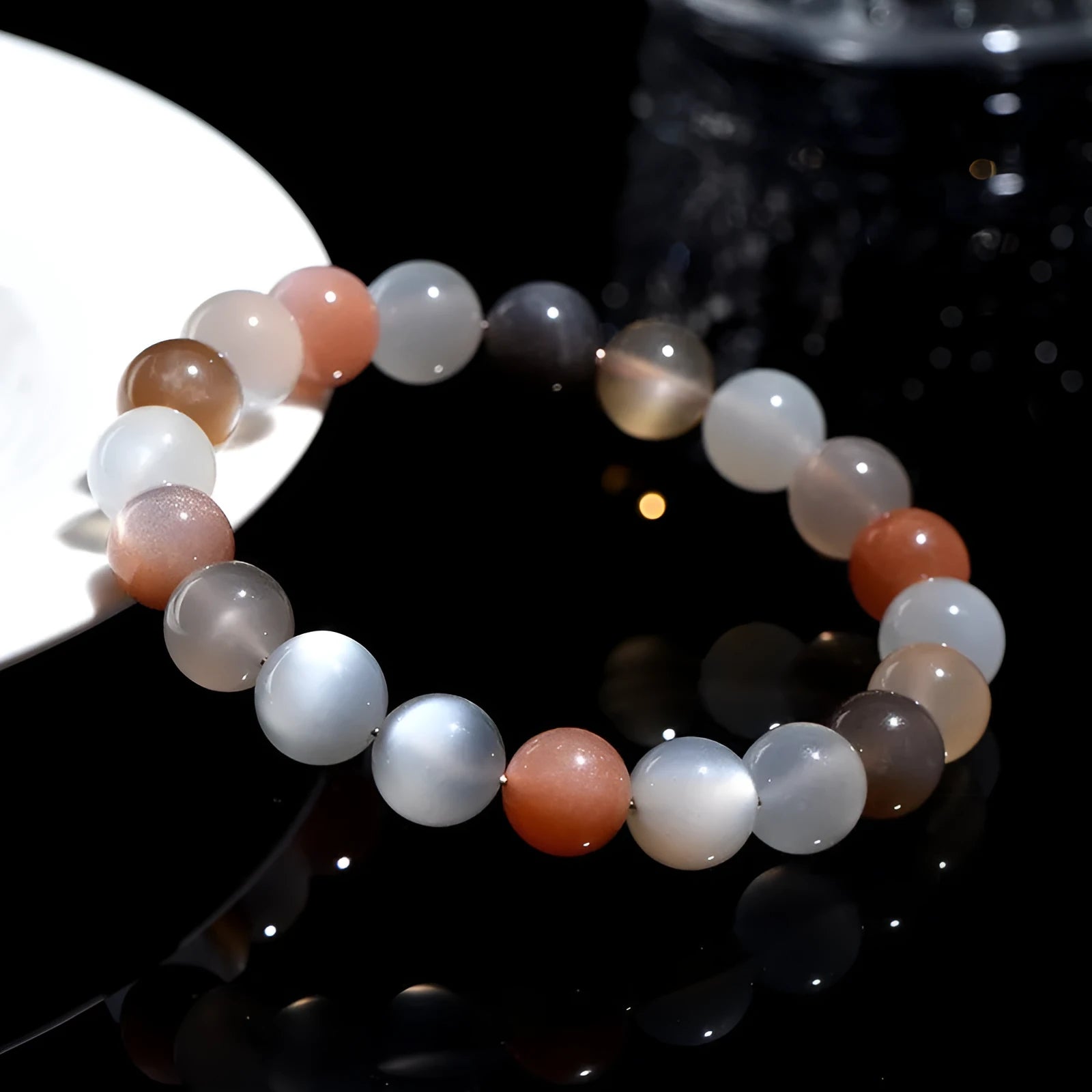 Natural colourful moonlight moonstone bracelet with 8mm beads on a single strand.