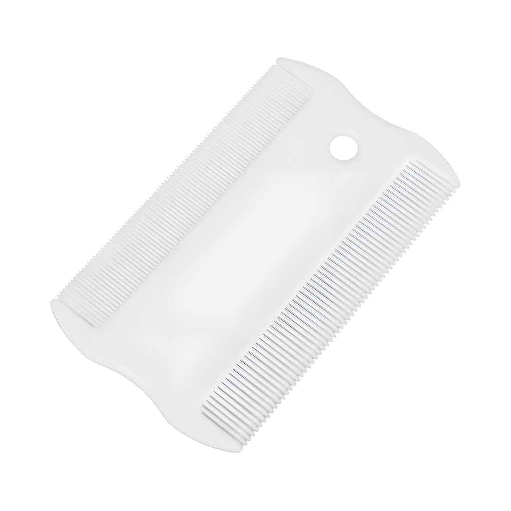 Double-sided plastic flea comb for pets showing dense teeth and 0.85cm width