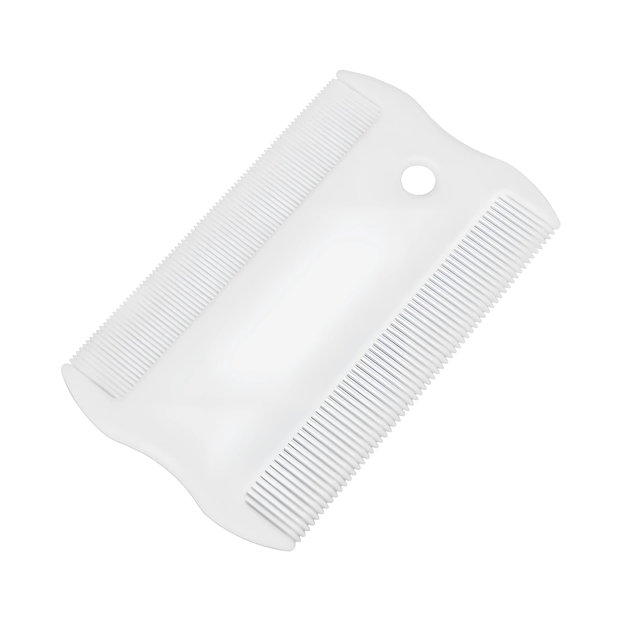 Double-sided plastic flea comb for pets showing dense teeth and 0.85cm width