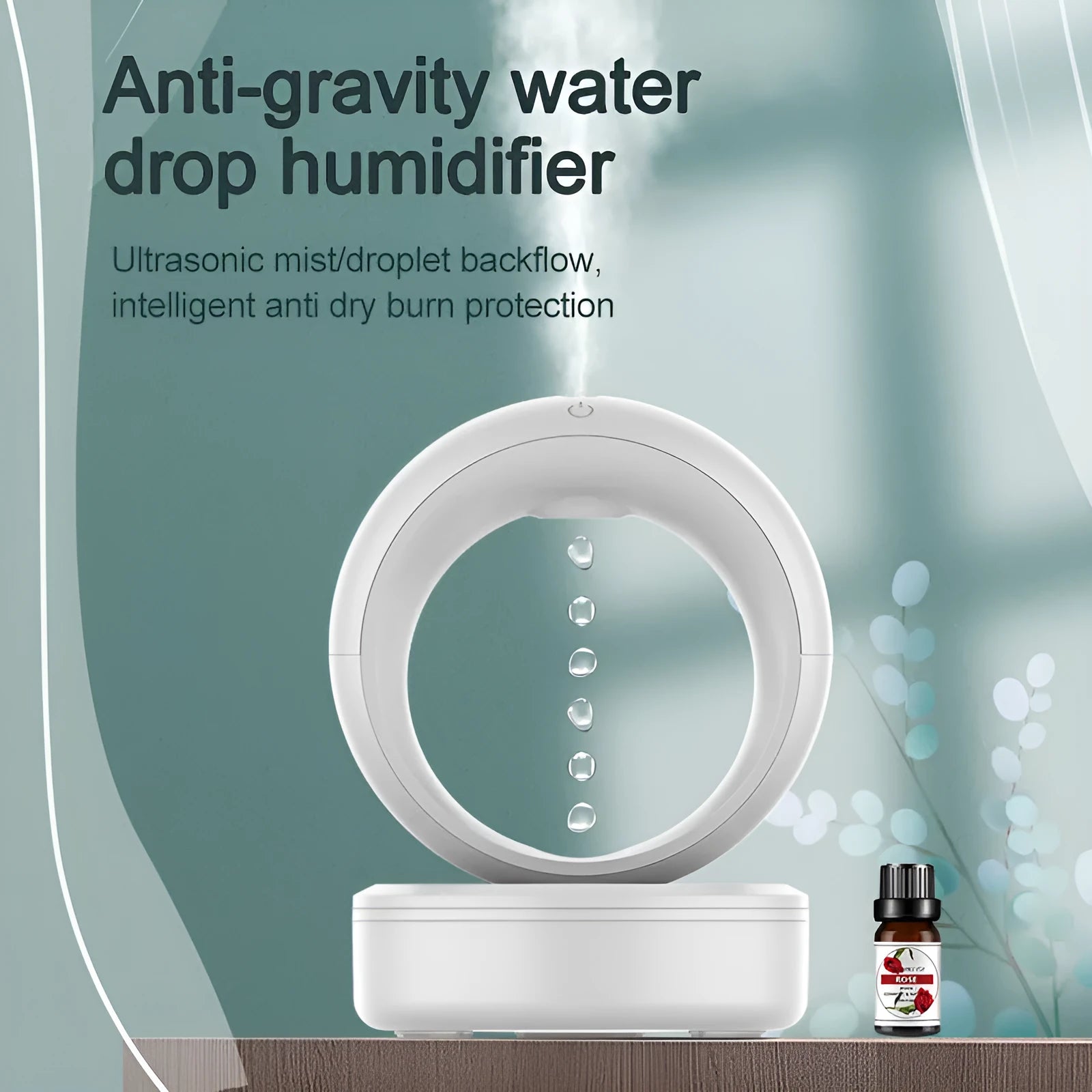 White round anti-gravity air humidifier with levitating water droplets on a desk