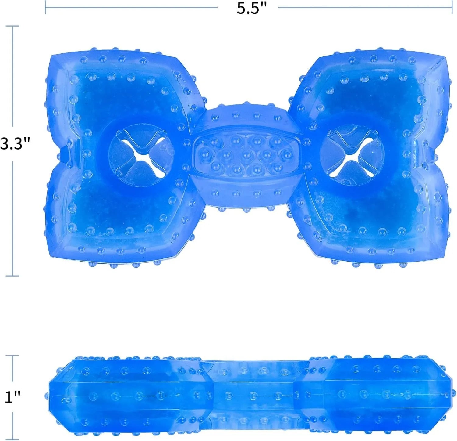 A freezable bone-shaped and circle-shaped dog chew toy designed for cooling and teething relief.