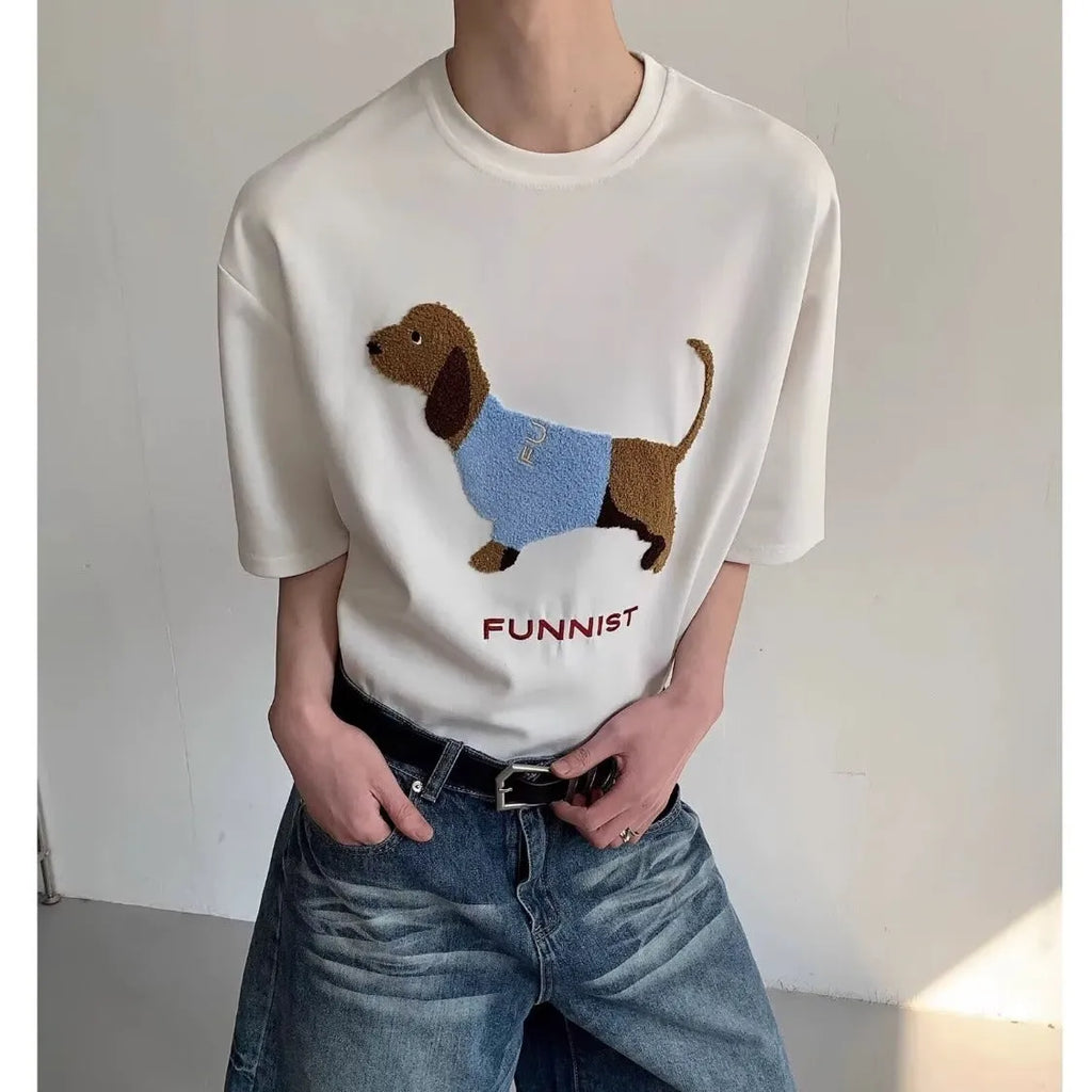 Men's grey cotton T-shirt with embroidered sausage dog towel design, short sleeves, round neck